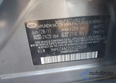 2012 Hyundai Sonata Se z USA, uszkodzony, nr VIN 5NPEC4AC2CH325530